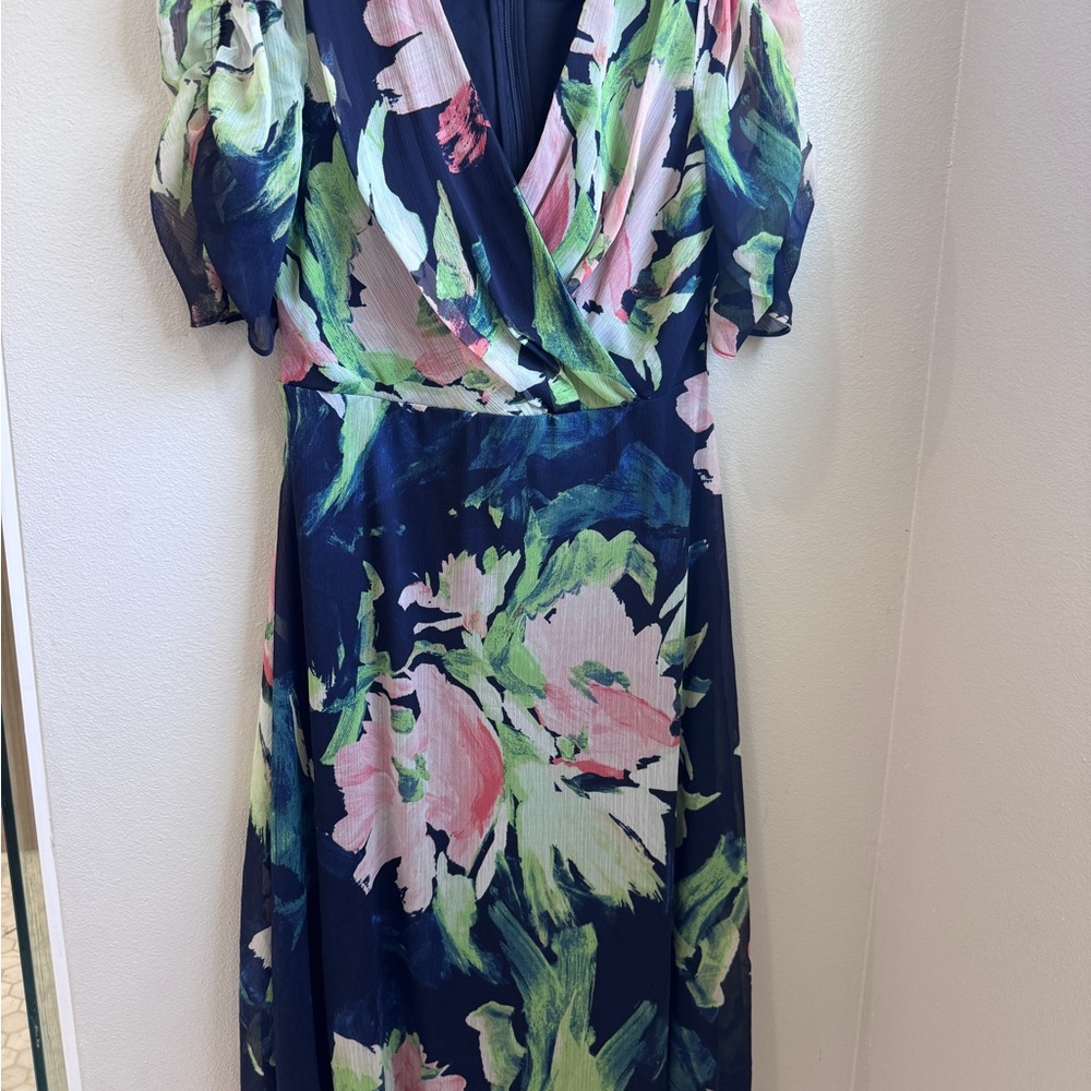 DKNY Navy and Pink Floral Midi Dress